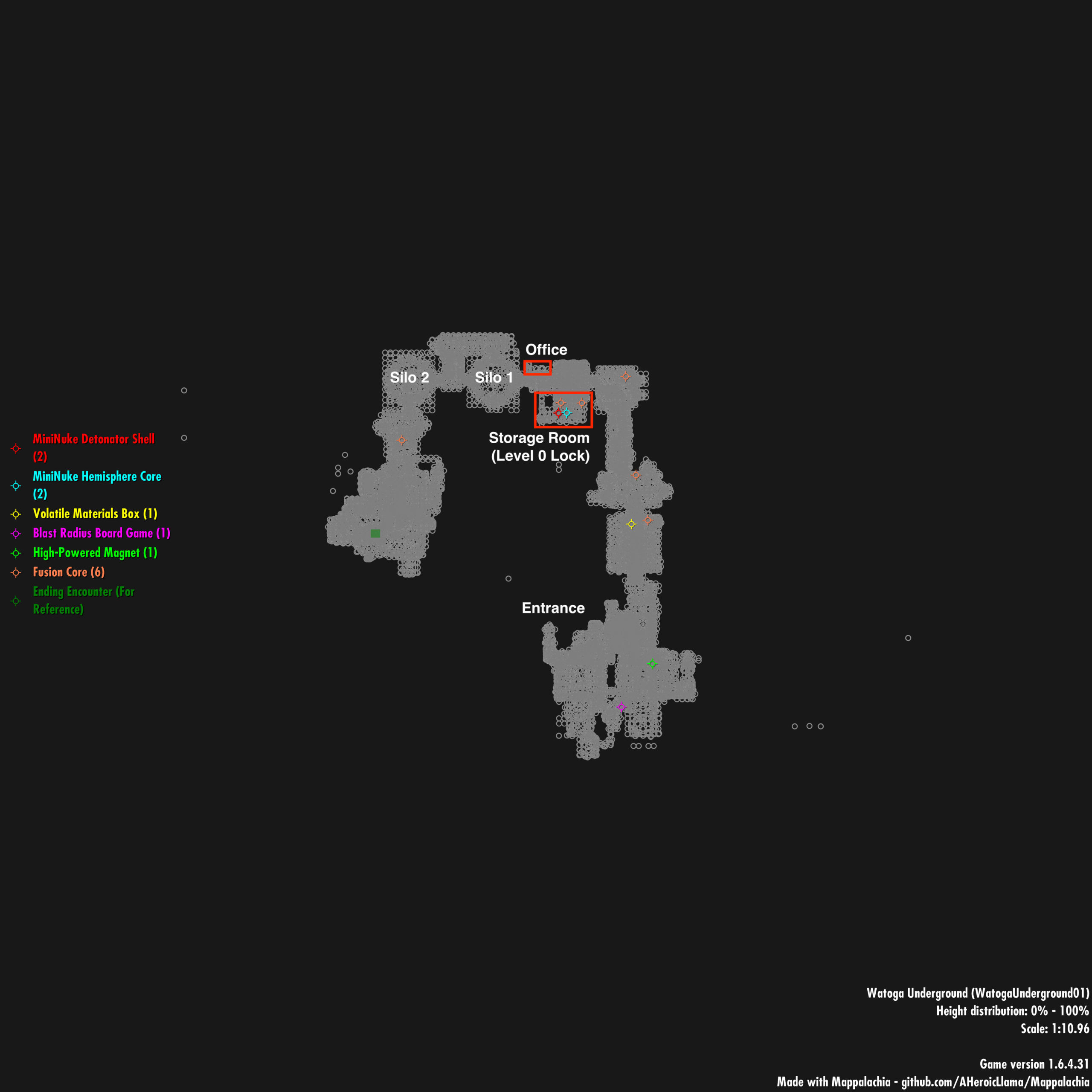 Locations of items containing nuclear material in Watoga Underground