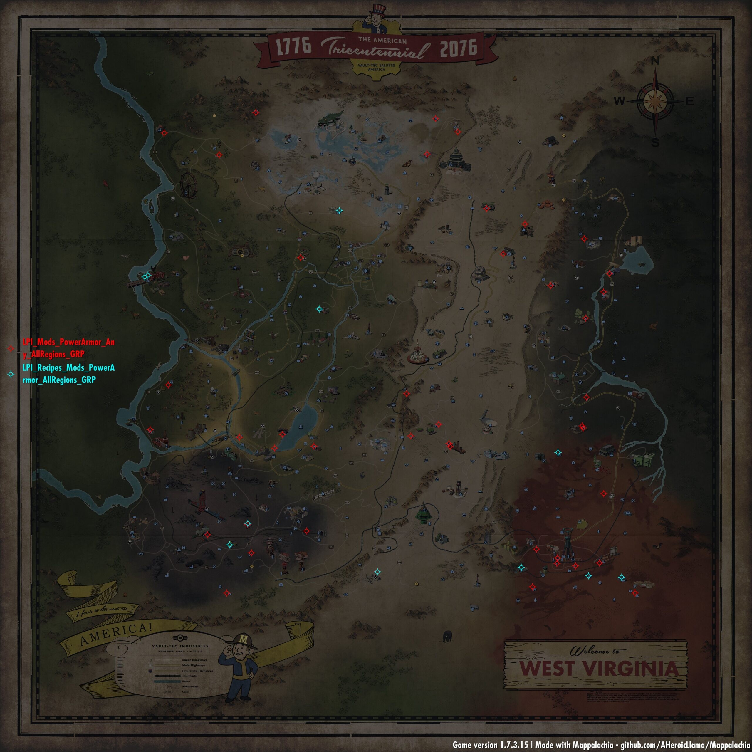 Map of power armor mod spawn points in Fallout 76